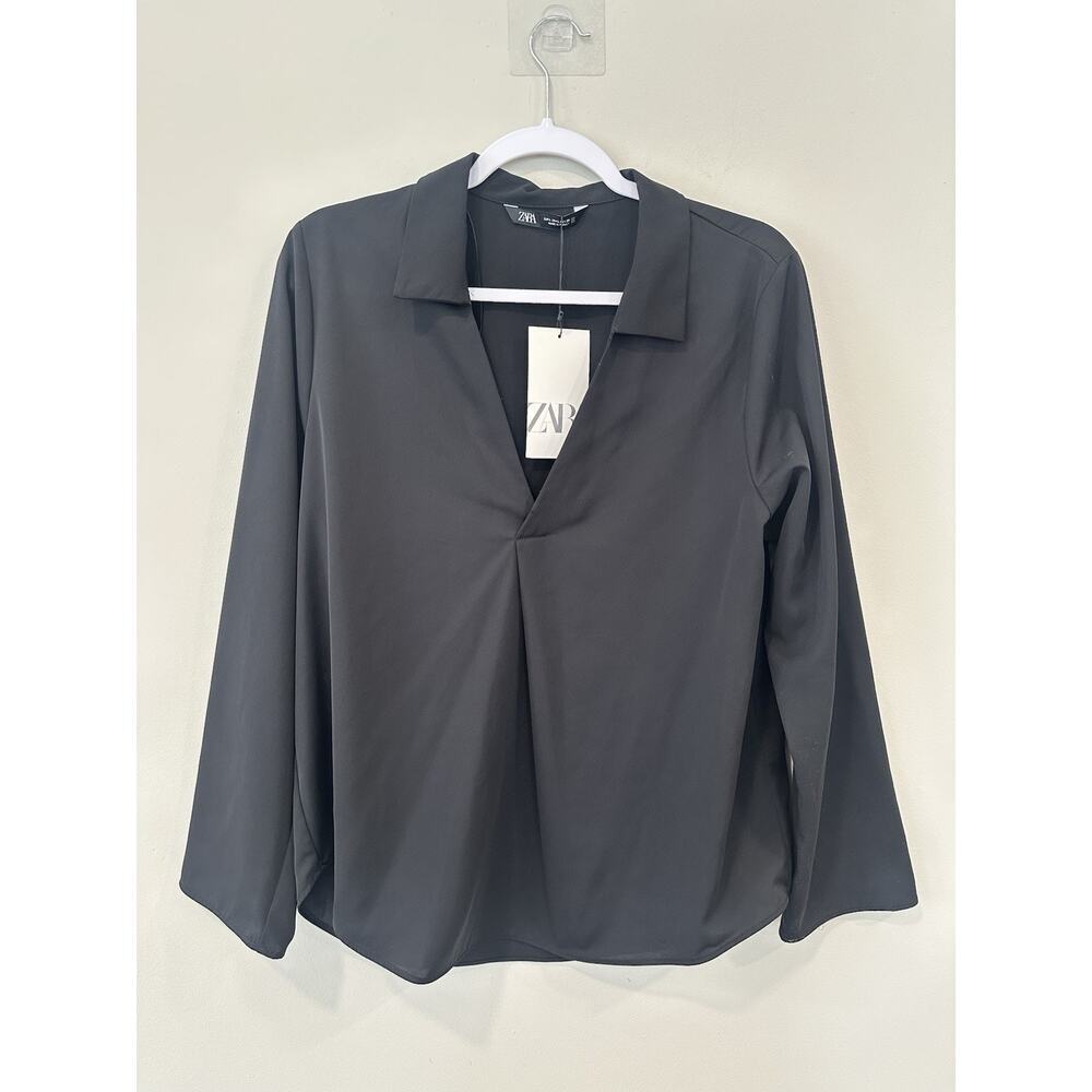 NWT Zara Long Sleeve V-neck Collared Shirt Blouse Bell Sleeves Large 2184